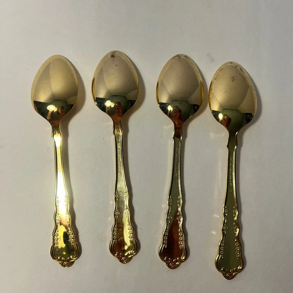 1847 Rogers Bros Gold Toned Electroplated Spoons Set of 4 Floral Scroll Korea